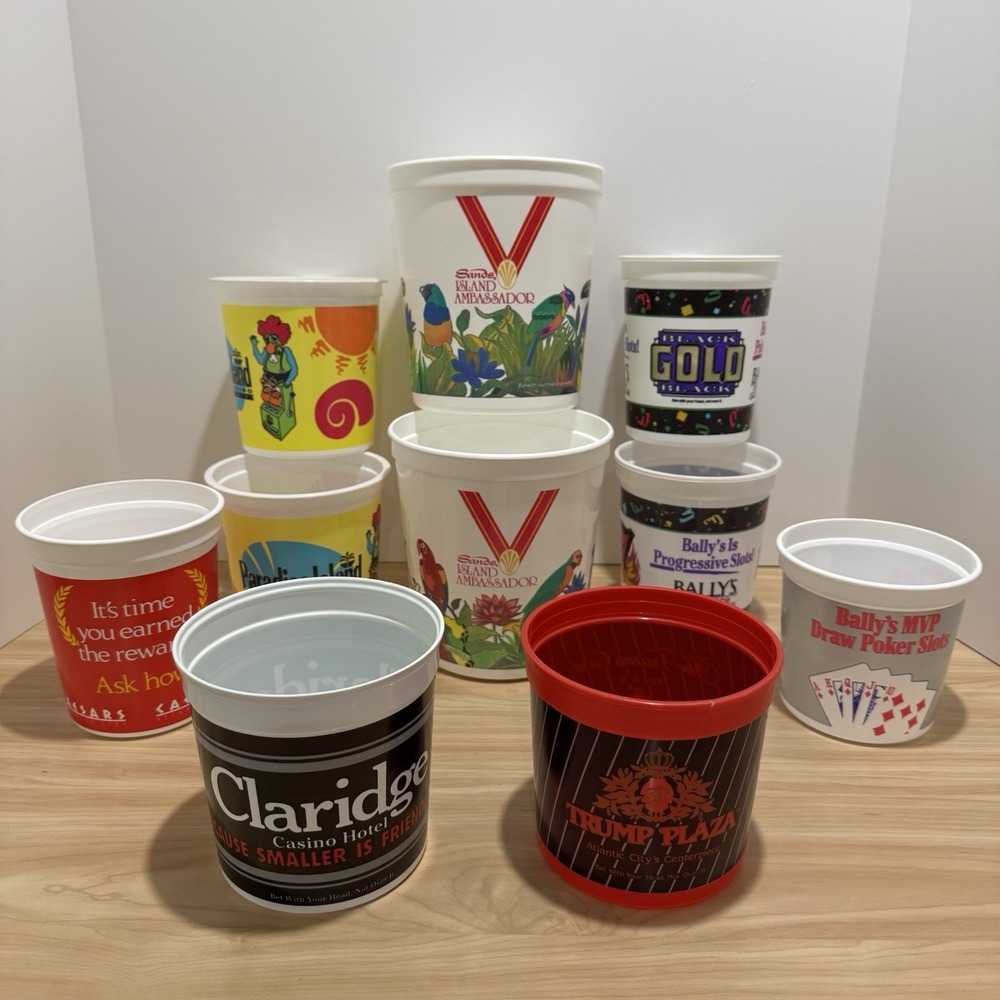 10 Vtg Casino Coin Cups Token Buckets Sands BALLY's Caesars PARADISE ISLE Trump
